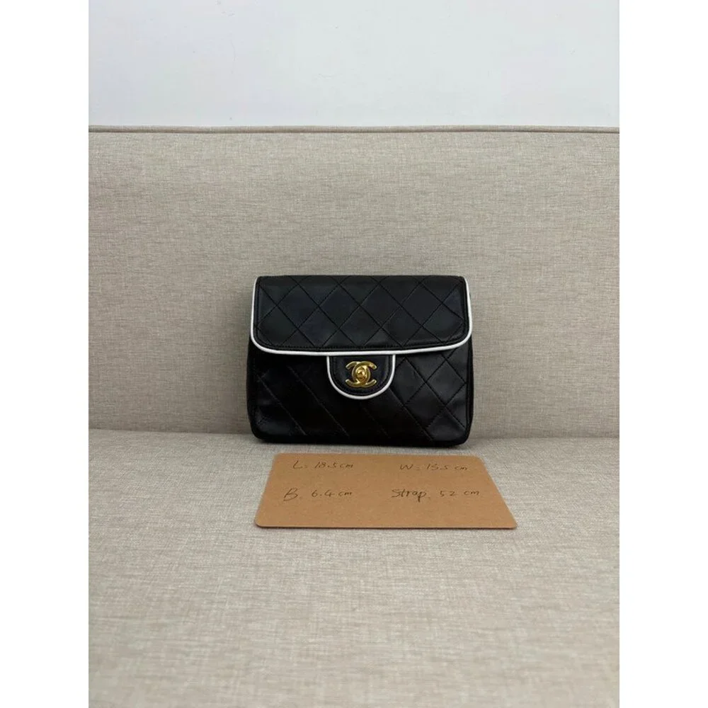 CHANEL Black Lambskin Mini Square Flap Bag White Trim GHW